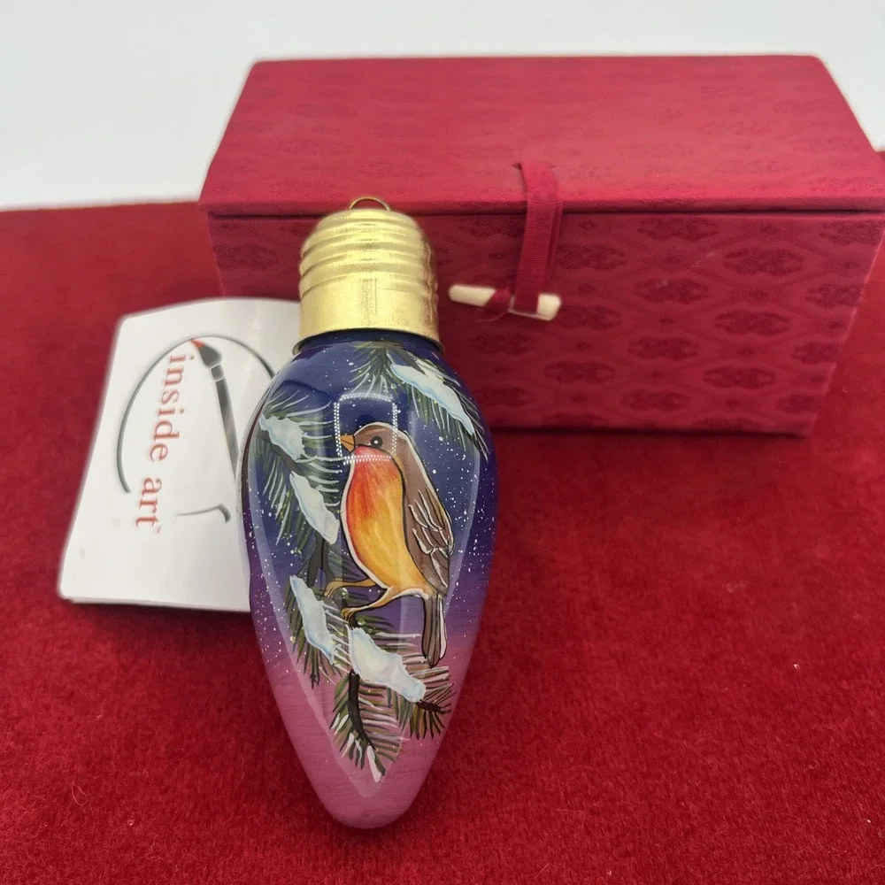 Christmas‎ ornament  INSIDE ART BY FIGI ROBIN BIRD LIGHT BULB ORIGINAL BOX